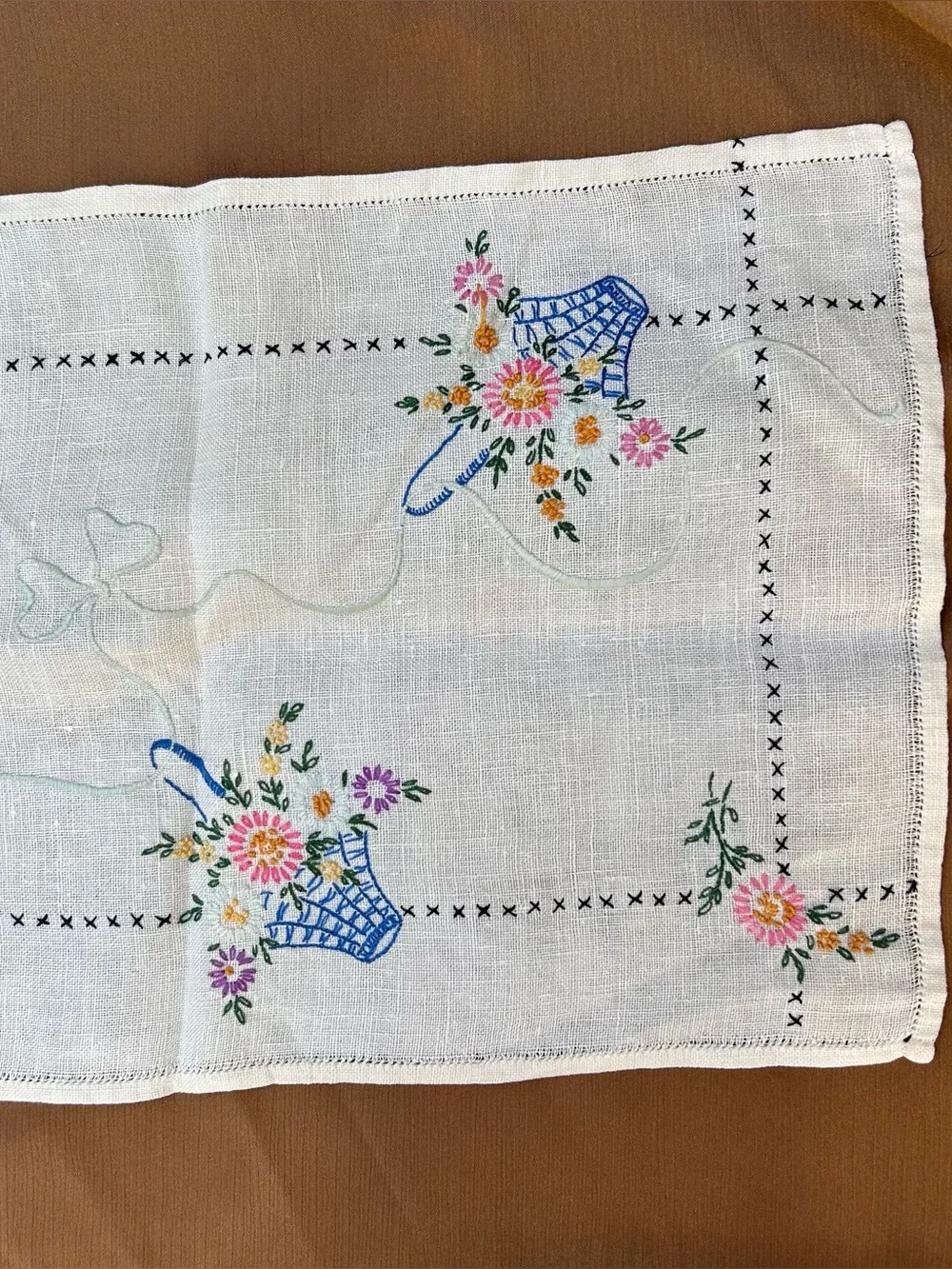 Vintage Hand-embroidered Runner Basket Floral Cross Stitch 40